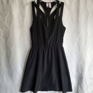 Black Strappy Back Keyhole Scoop Neck Faux Wrap Surplice A-line Mini Dress